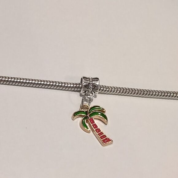 Silver Gold Palm Tree Enamel Dangle Charm for Pandora Style Bracelet - Picture 2 of 4